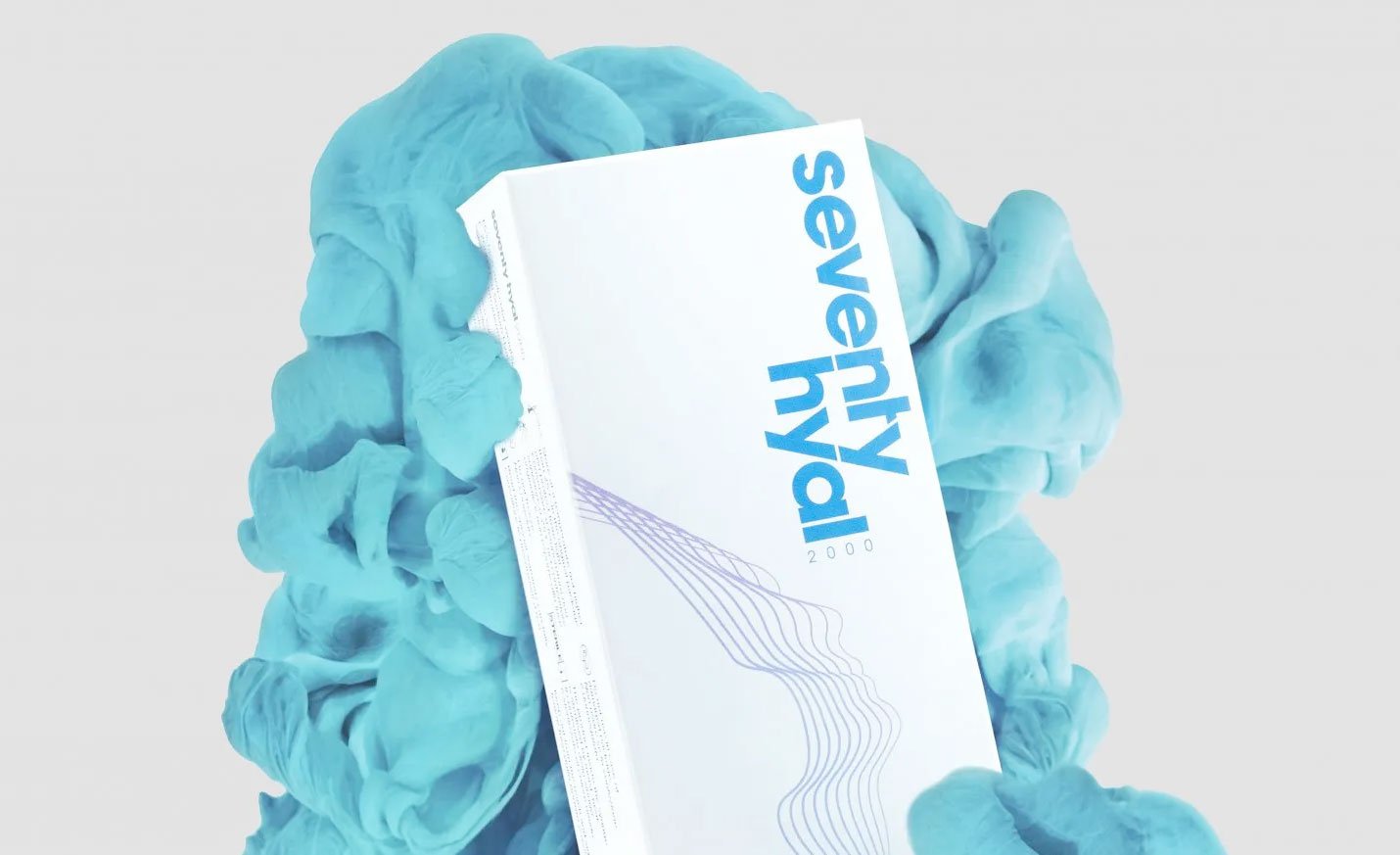 Seventy Hyal 2000 skin booster decorative box imagery with blue smoke billowing in the background.