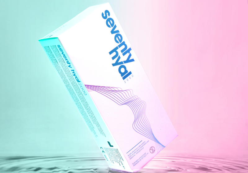Seventy Hyal box on a blue and pink background